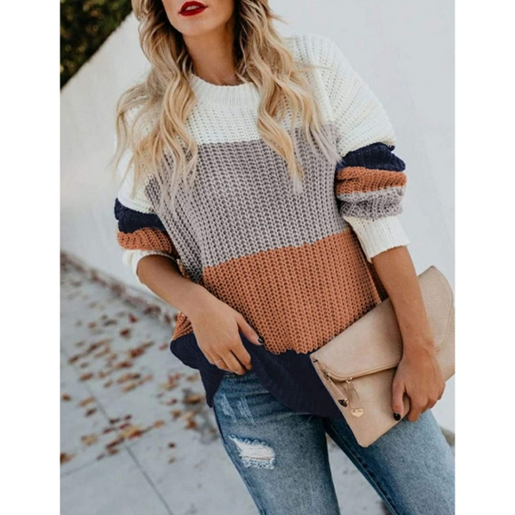 🆕Crew Neck Long Sleeve Color Block Sweater Medium - Picture 4 of 6